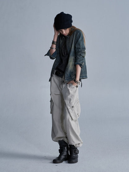 Contrast Stitching Split 3D Pocket Rivet Grommet Loose Straight-Leg Cargo Pants【s0000018033】