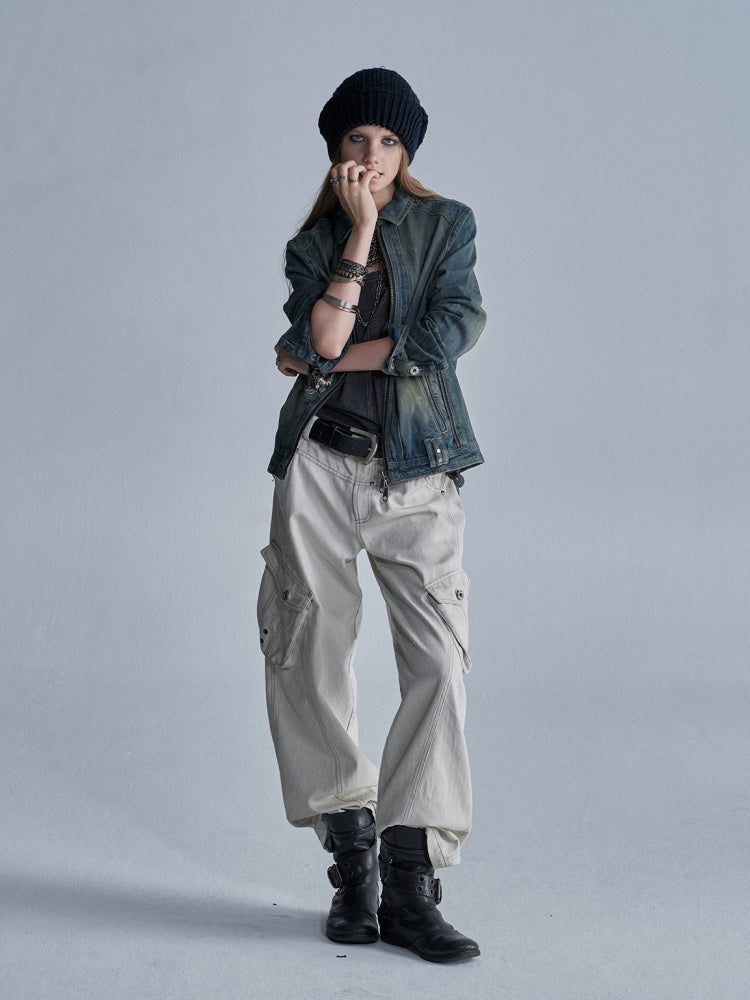 Contrast Stitching Split 3D Pocket Rivet Grommet Loose Straight-Leg Cargo Pants【s0000018033】