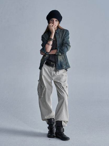 Contrast Stitching Split 3D Pocket Rivet Grommet Loose Straight-Leg Cargo Pants【s0000018033】