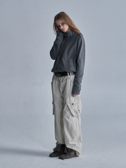 Contrast Stitching Split 3D Pocket Rivet Grommet Loose Straight-Leg Cargo Pants【s0000018033】