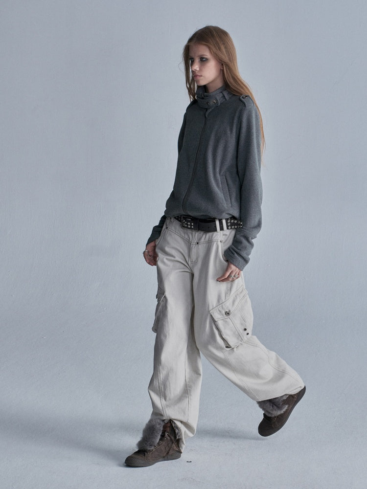 Contrast Stitching Split 3D Pocket Rivet Grommet Loose Straight-Leg Cargo Pants【s0000018033】