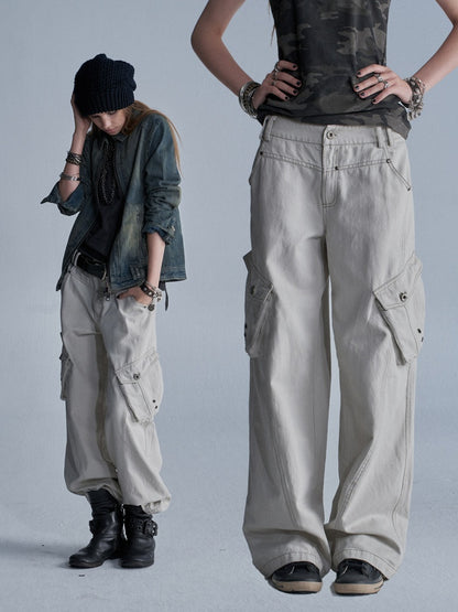 Contrast Stitching Split 3D Pocket Rivet Grommet Loose Straight-Leg Cargo Pants【s0000018033】
