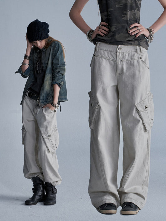 Contrast Stitching Split 3D Pocket Rivet Grommet Loose Straight-Leg Cargo Pants【s0000018033】