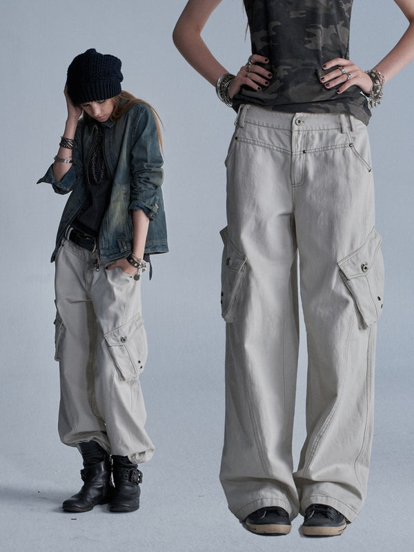 Contrast Stitching Split 3D Pocket Rivet Grommet Loose Straight-Leg Cargo Pants【s0000018033】
