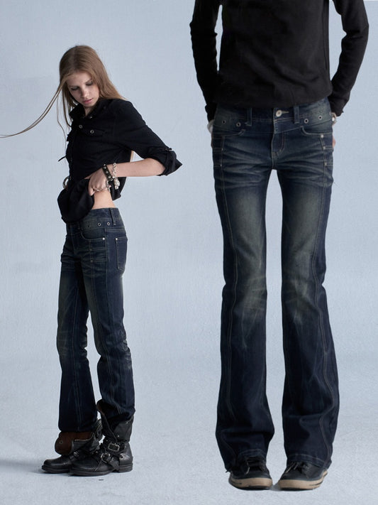 Cat Whisker Lightning Split Rivet Distressed Slightly Flared Denim Pants【s0000018034】
