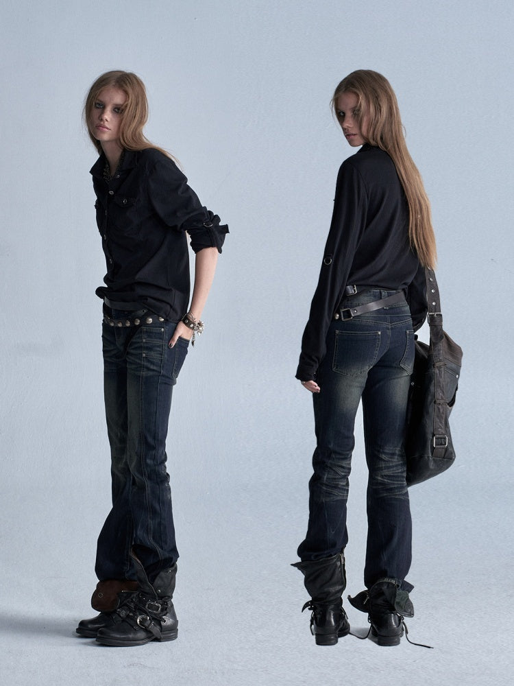 Cat Whisker Lightning Split Rivet Distressed Slightly Flared Denim Pants【s0000018034】
