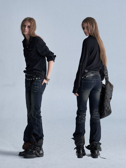 Cat Whisker Lightning Split Rivet Distressed Slightly Flared Denim Pants【s0000018034】
