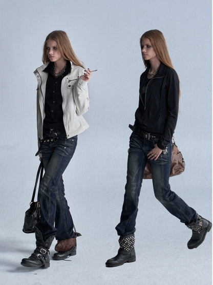 Cat Whisker Lightning Split Rivet Distressed Slightly Flared Denim Pants【s0000018034】
