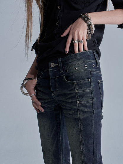 Cat Whisker Lightning Split Rivet Distressed Slightly Flared Denim Pants【s0000018034】