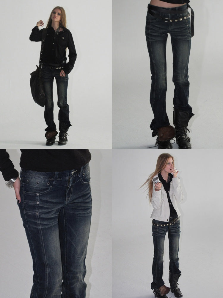 Cat Whisker Lightning Split Rivet Distressed Slightly Flared Denim Pants【s0000018034】