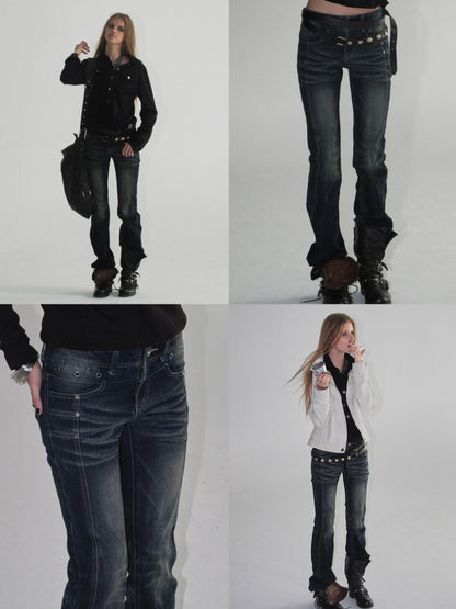 Cat Whisker Lightning Split Rivet Distressed Slightly Flared Denim Pants【s0000018034】