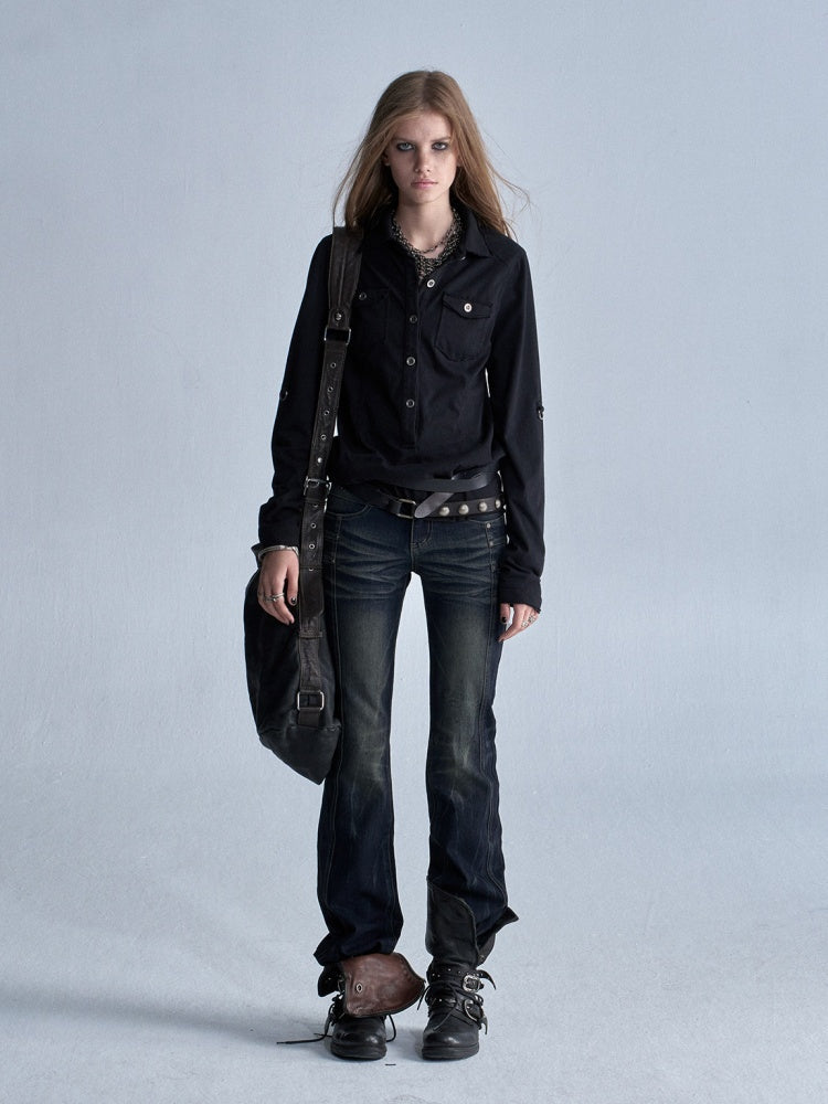 Cat Whisker Lightning Split Rivet Distressed Slightly Flared Denim Pants【s0000018034】