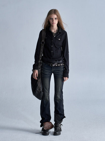 Cat Whisker Lightning Split Rivet Distressed Slightly Flared Denim Pants【s0000018034】