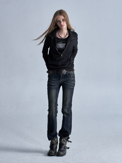 Cat Whisker Lightning Split Rivet Distressed Slightly Flared Denim Pants【s0000018034】