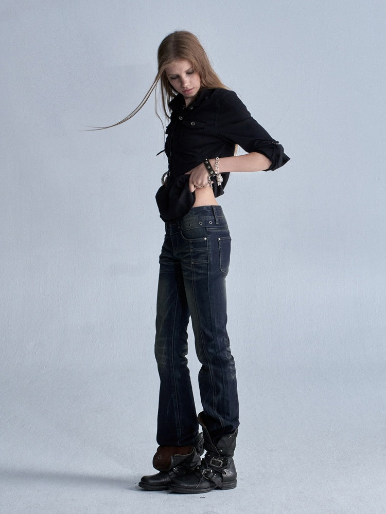 Cat Whisker Lightning Split Rivet Distressed Slightly Flared Denim Pants【s0000018034】