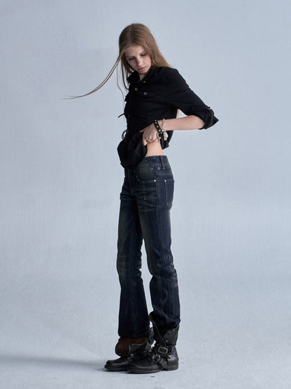 Cat Whisker Lightning Split Rivet Distressed Slightly Flared Denim Pants【s0000018034】