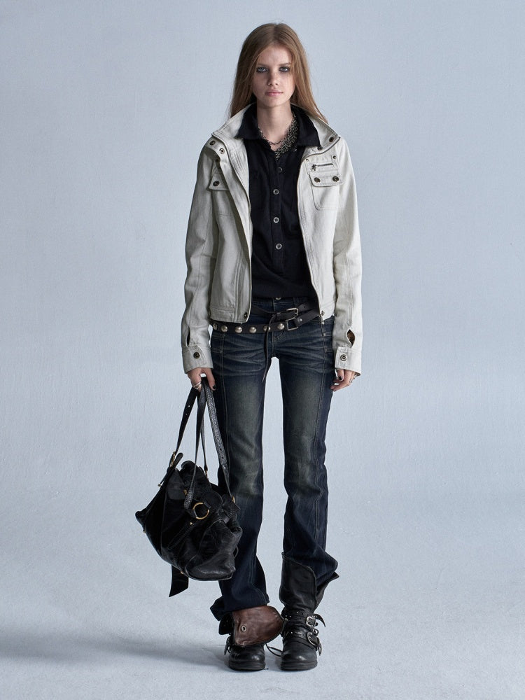Cat Whisker Lightning Split Rivet Distressed Slightly Flared Denim Pants【s0000018034】
