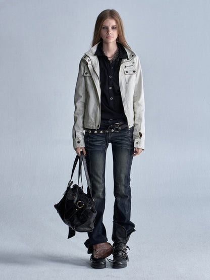 Cat Whisker Lightning Split Rivet Distressed Slightly Flared Denim Pants【s0000018034】