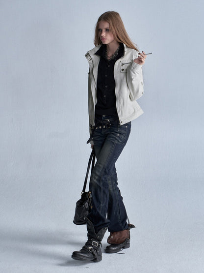 Cat Whisker Lightning Split Rivet Distressed Slightly Flared Denim Pants【s0000018034】