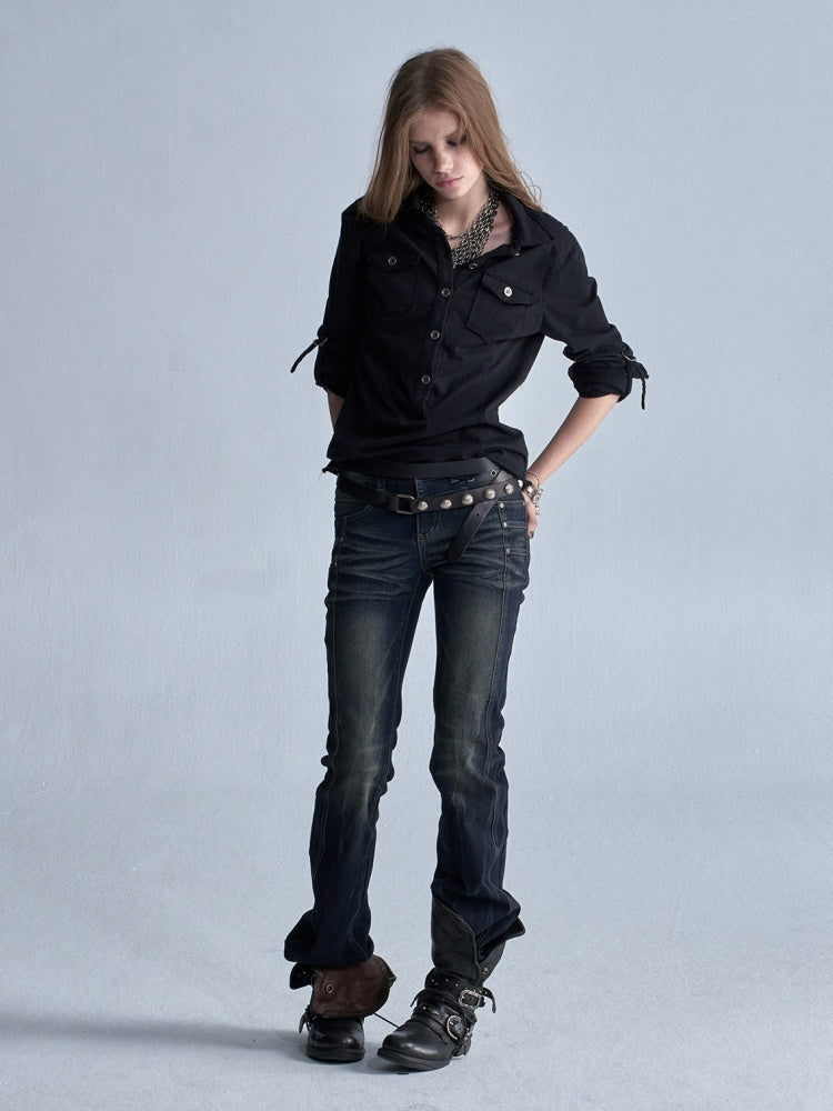 Cat Whisker Lightning Split Rivet Distressed Slightly Flared Denim Pants【s0000018034】