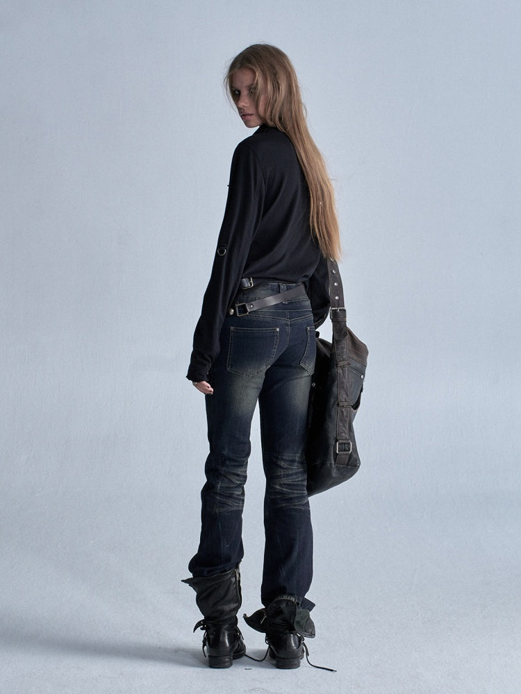 Cat Whisker Lightning Split Rivet Distressed Slightly Flared Denim Pants【s0000018034】