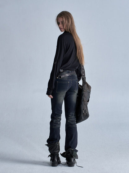 Cat Whisker Lightning Split Rivet Distressed Slightly Flared Denim Pants【s0000018034】