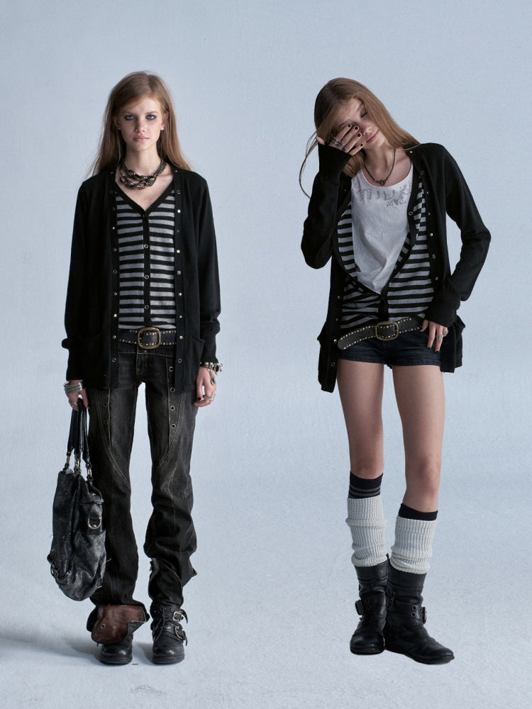 V-Neck Faux Two-Piece Wool Blend Black&Gray Striped Studded Thin Punk Cardigan【s0000018035】