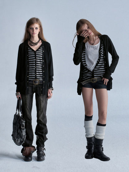 V-Neck Faux Two-Piece Wool Blend Black&Gray Striped Studded Thin Punk Cardigan【s0000018035】