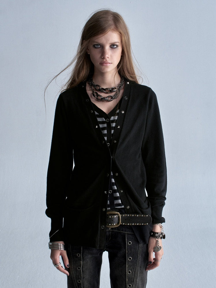 V-Neck Faux Two-Piece Wool Blend Black&Gray Striped Studded Thin Punk Cardigan【s0000018035】