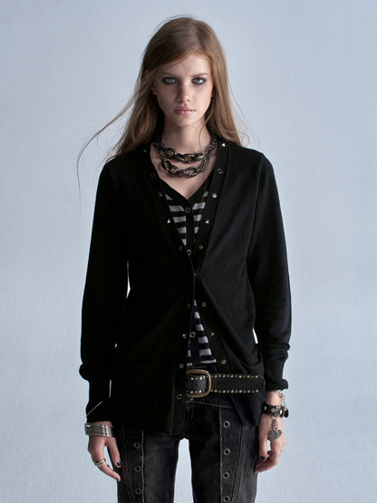 V-Neck Faux Two-Piece Wool Blend Black&Gray Striped Studded Thin Punk Cardigan【s0000018035】