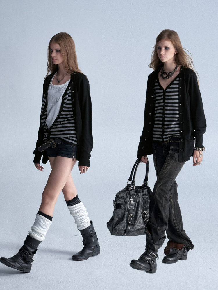V-Neck Faux Two-Piece Wool Blend Black&Gray Striped Studded Thin Punk Cardigan【s0000018035】