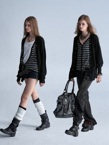 V-Neck Faux Two-Piece Wool Blend Black&Gray Striped Studded Thin Punk Cardigan【s0000018035】