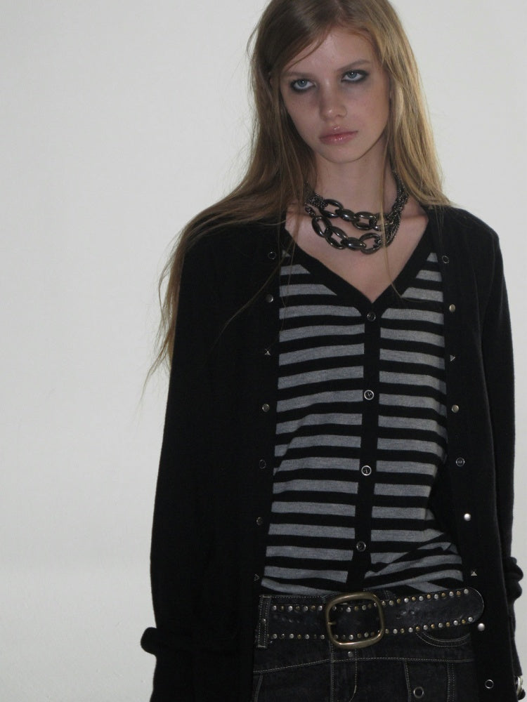 V-Neck Faux Two-Piece Wool Blend Black&Gray Striped Studded Thin Punk Cardigan【s0000018035】