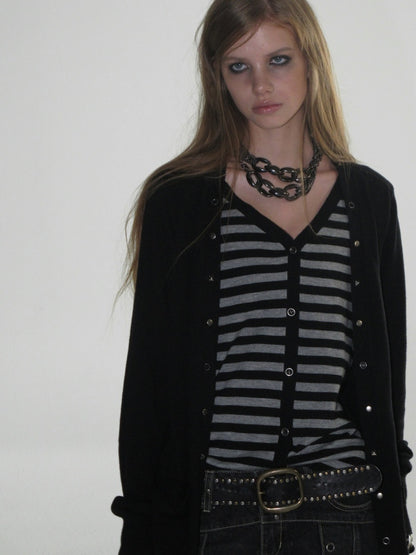 V-Neck Faux Two-Piece Wool Blend Black&Gray Striped Studded Thin Punk Cardigan【s0000018035】