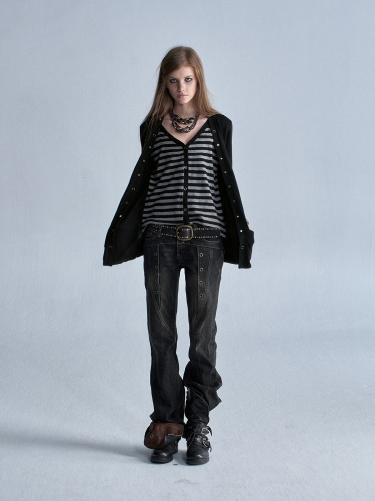 V-Neck Faux Two-Piece Wool Blend Black&Gray Striped Studded Thin Punk Cardigan【s0000018035】