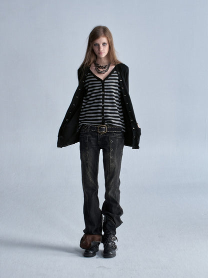 V-Neck Faux Two-Piece Wool Blend Black&Gray Striped Studded Thin Punk Cardigan【s0000018035】