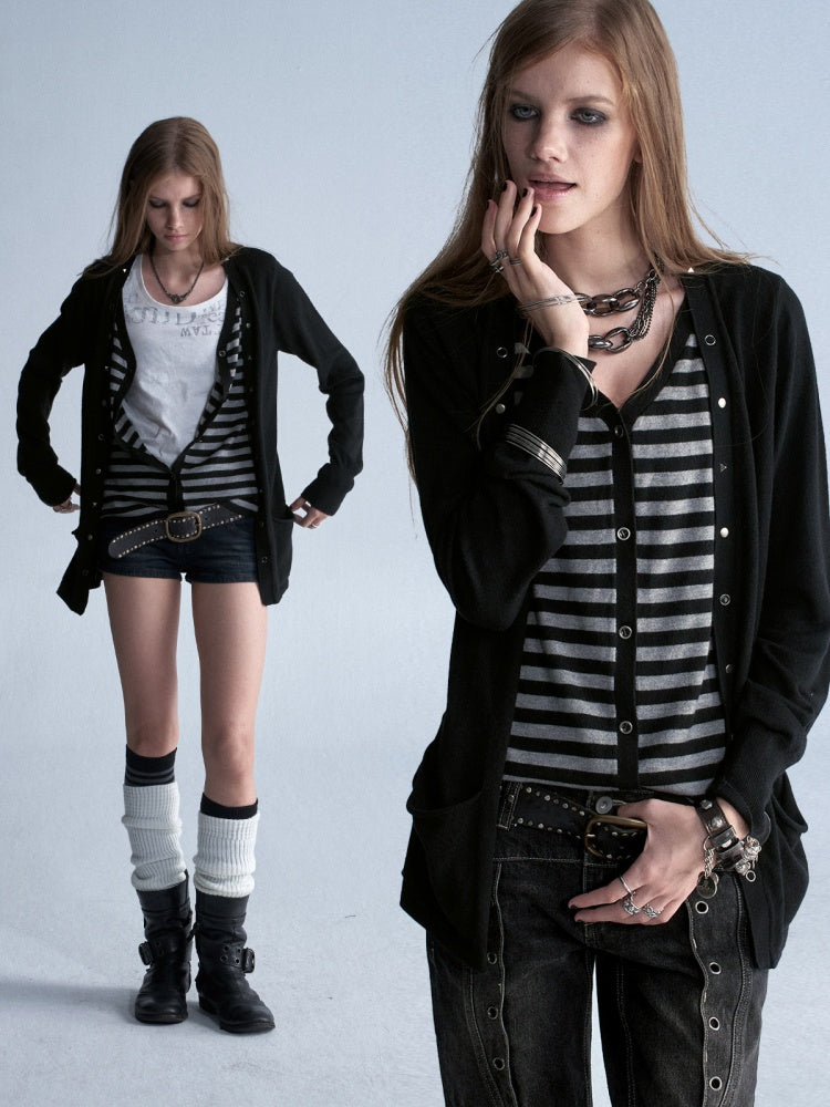 V-Neck Faux Two-Piece Wool Blend Black&Gray Striped Studded Thin Punk Cardigan【s0000018035】