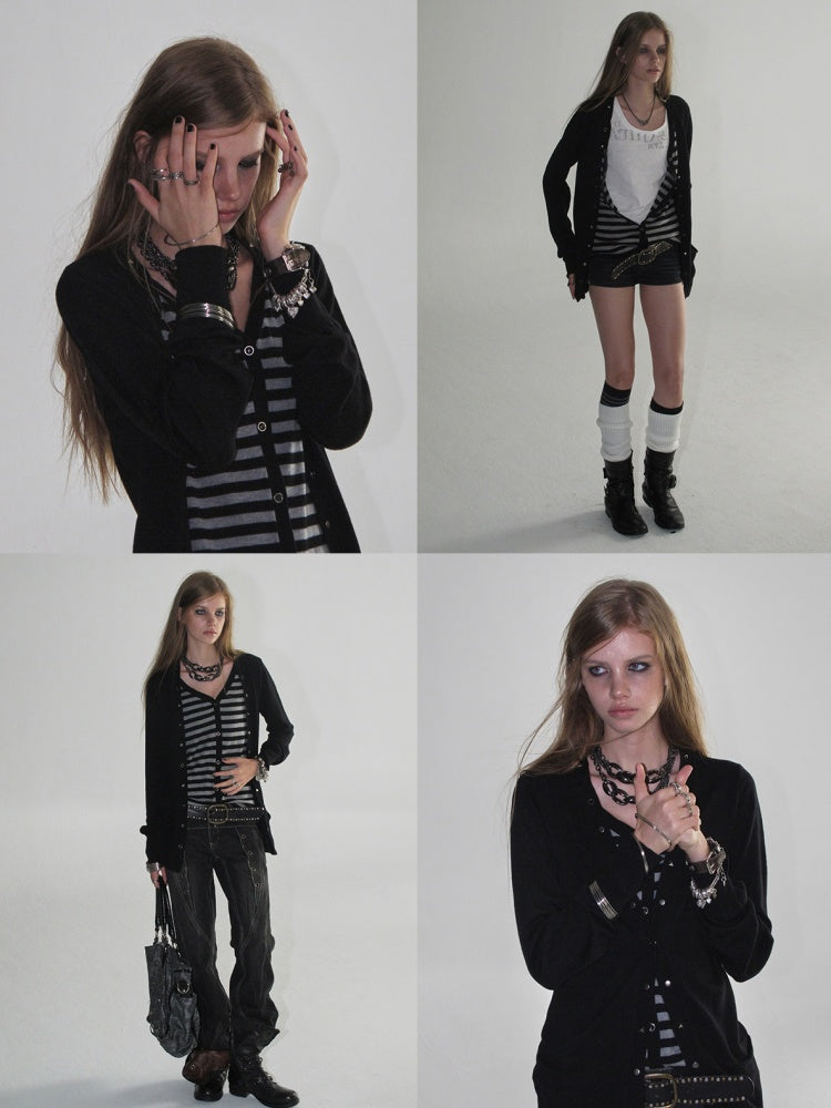 V-Neck Faux Two-Piece Wool Blend Black&Gray Striped Studded Thin Punk Cardigan【s0000018035】