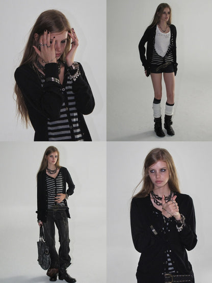 V-Neck Faux Two-Piece Wool Blend Black&Gray Striped Studded Thin Punk Cardigan【s0000018035】