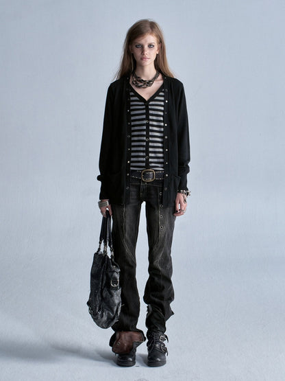 V-Neck Faux Two-Piece Wool Blend Black&Gray Striped Studded Thin Punk Cardigan【s0000018035】