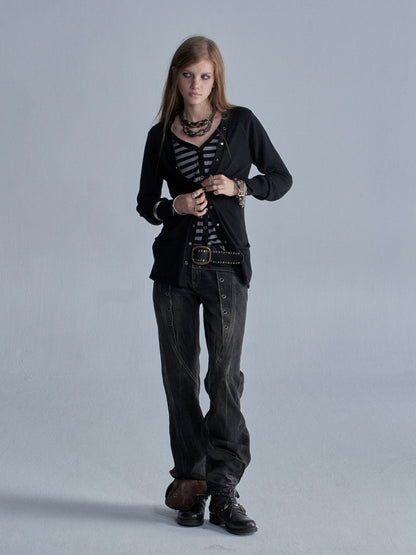 V-Neck Faux Two-Piece Wool Blend Black&Gray Striped Studded Thin Punk Cardigan【s0000018035】