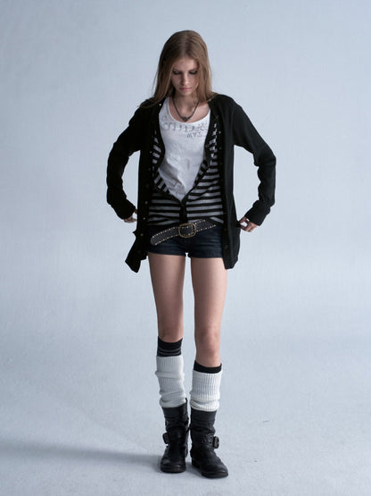 V-Neck Faux Two-Piece Wool Blend Black&Gray Striped Studded Thin Punk Cardigan【s0000018035】