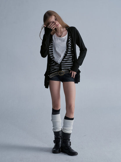 V-Neck Faux Two-Piece Wool Blend Black&Gray Striped Studded Thin Punk Cardigan【s0000018035】
