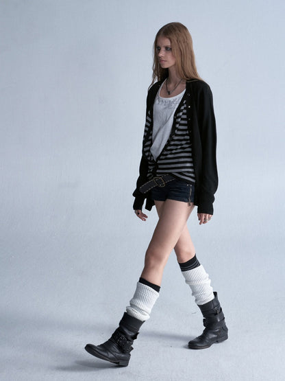 V-Neck Faux Two-Piece Wool Blend Black&Gray Striped Studded Thin Punk Cardigan【s0000018035】