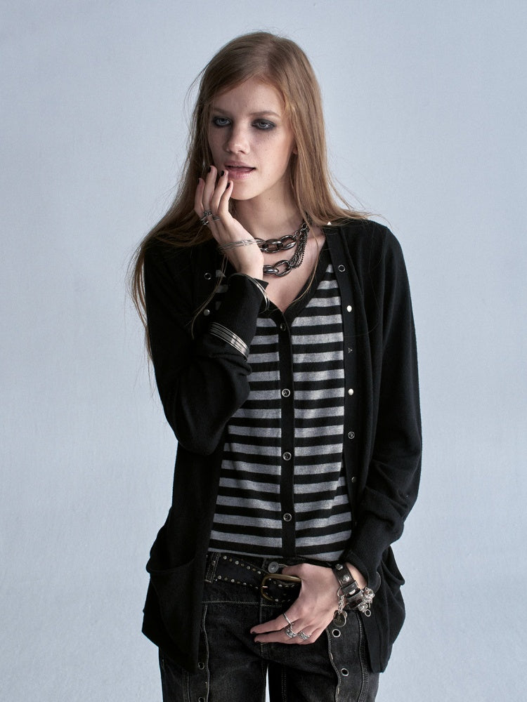 V-Neck Faux Two-Piece Wool Blend Black&Gray Striped Studded Thin Punk Cardigan【s0000018035】