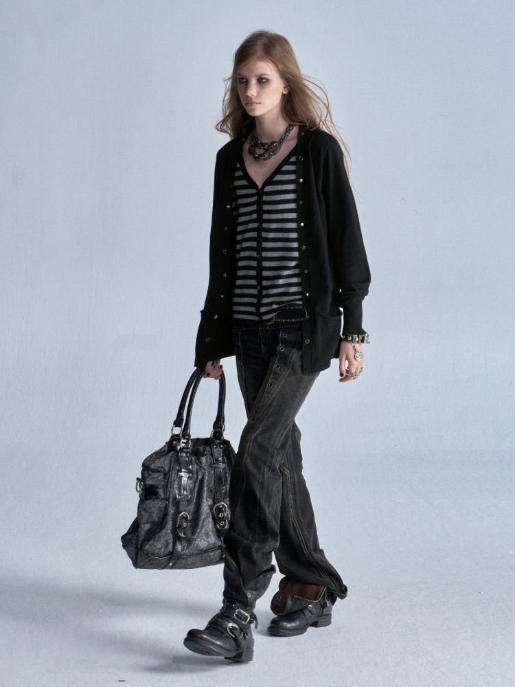 V-Neck Faux Two-Piece Wool Blend Black&Gray Striped Studded Thin Punk Cardigan【s0000018035】