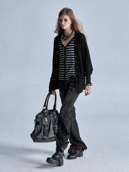 V-Neck Faux Two-Piece Wool Blend Black&Gray Striped Studded Thin Punk Cardigan【s0000018035】