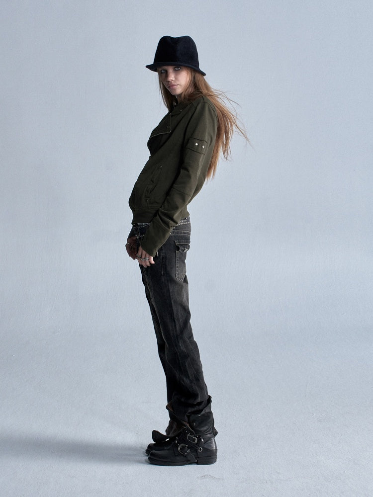 Diagonal Lapel Split Stud Cuff Zipper Washed Punk Knit Thin Jacket【s0000018036】