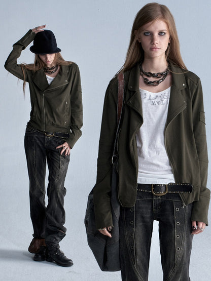 Diagonal Lapel Split Stud Cuff Zipper Washed Punk Knit Thin Jacket【s0000018036】