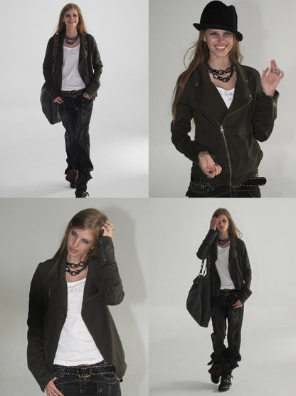 Diagonal Lapel Split Stud Cuff Zipper Washed Punk Knit Thin Jacket【s0000018036】